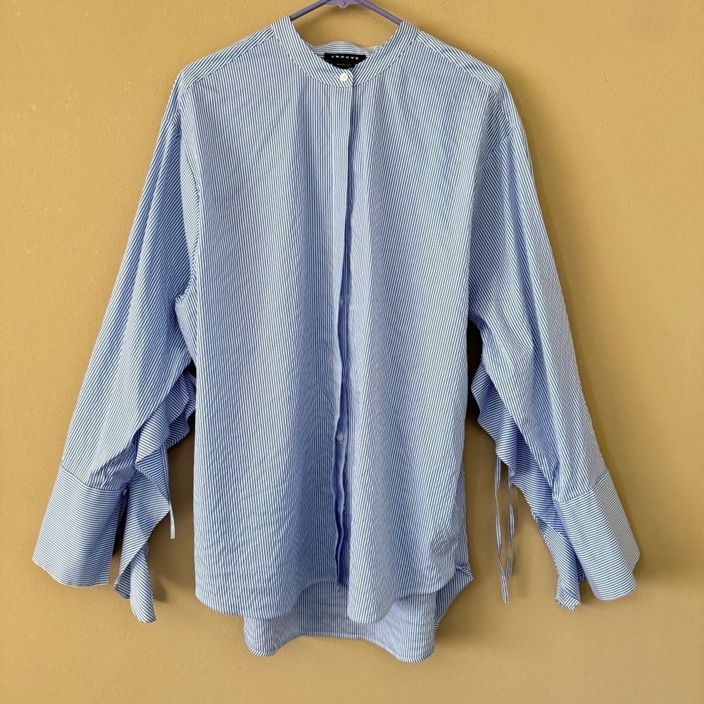 Trouvé Blue & White Pinstripe Ruffle Sleeve Cotton Blend Blouse Shirt L